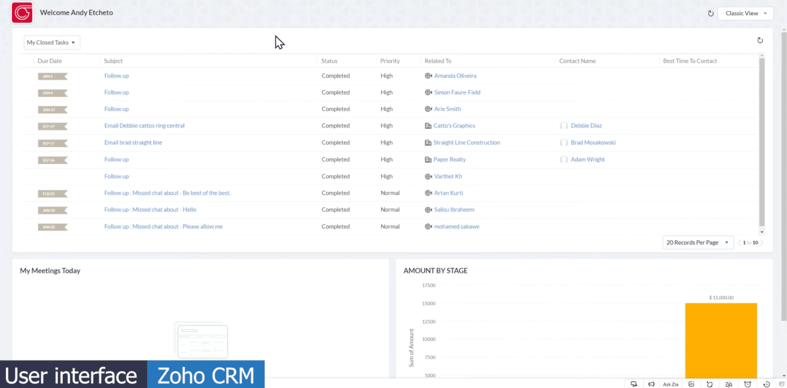 Zoho CRM user interface