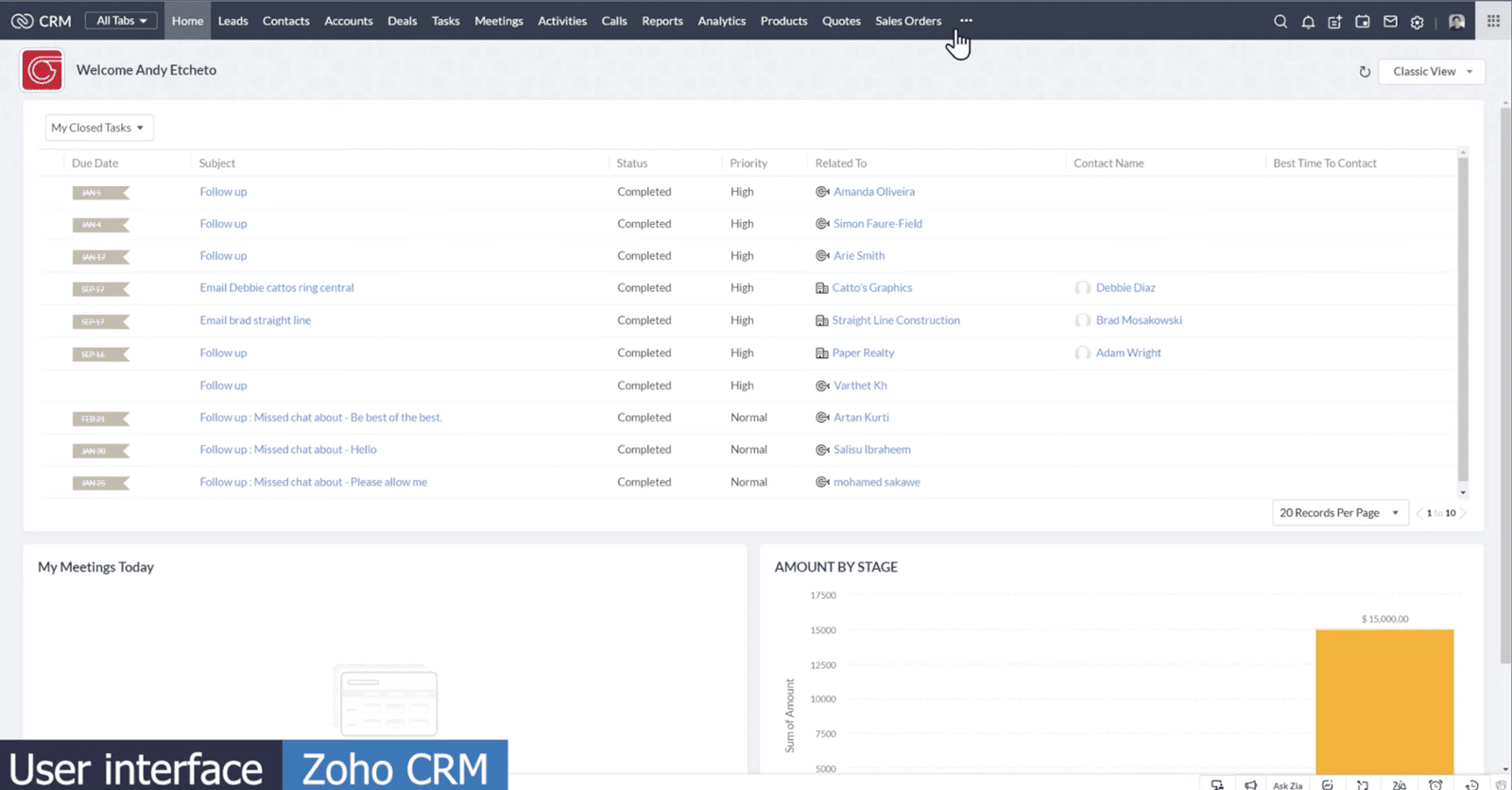 Zoho CRM user interface